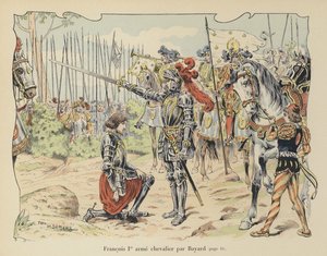 Kong Frans I af Frankrig blev slået til ridder af Chevalier de Bayard efter slaget ved Marignano, Italien, 1515